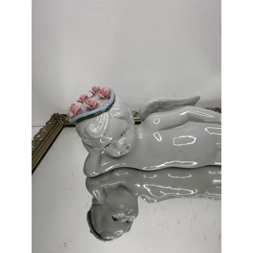 Vintage Porcelain Angel Figurine – Small White Cherub with Floral Crown, 4”